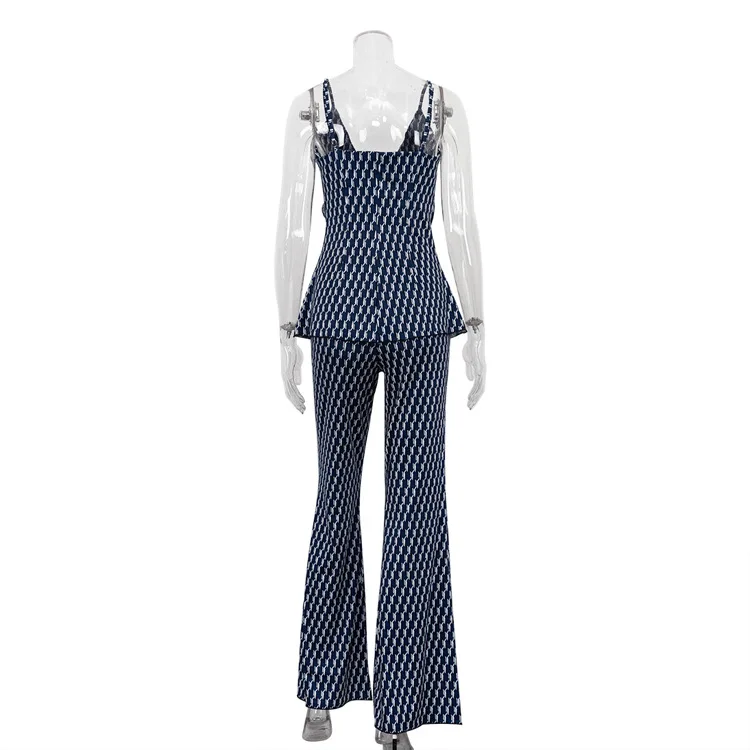 Printed Fashion Women's Pants Outfits V-Neck Contrast Slim Pullover And Wide Leg Trousers 2 Piece-Set Clothes Casual Sets