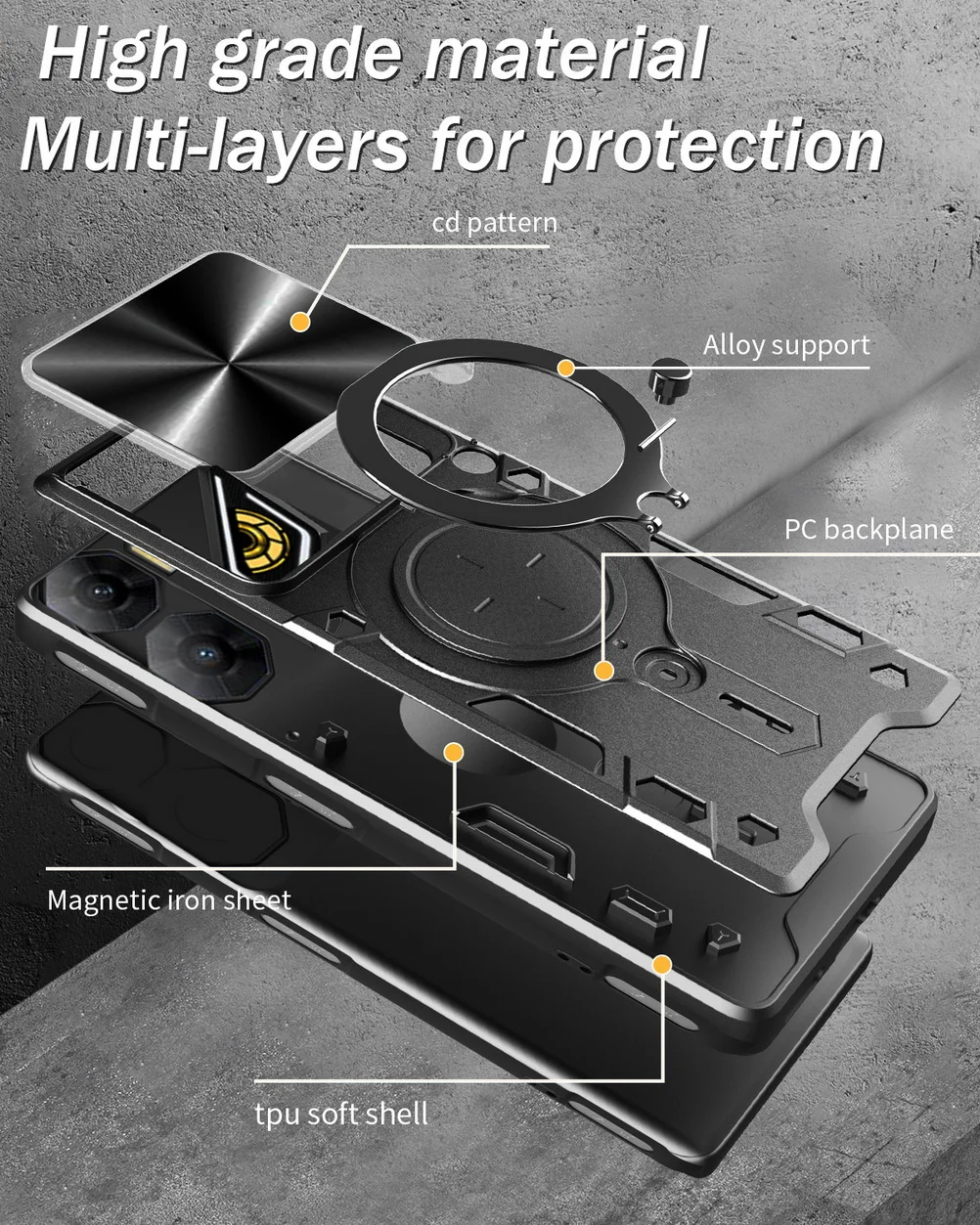 Enhanced Metal Ring Camera Protect Case with Rotating Holder and Armor Hybrid Design