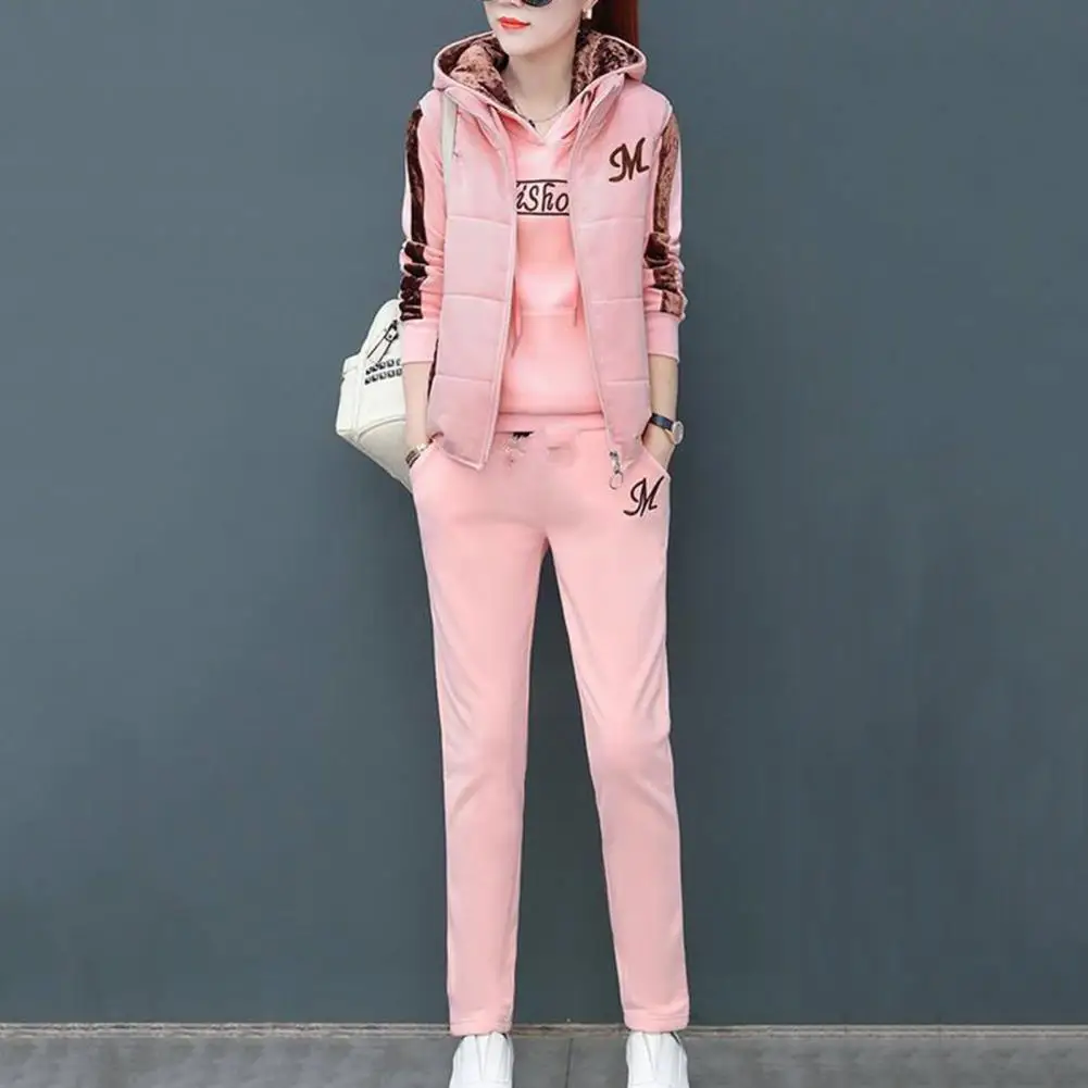 Trendy Women Tracksuit Fleece Lining Thickened Windproof Vest Hoodie Pants for School