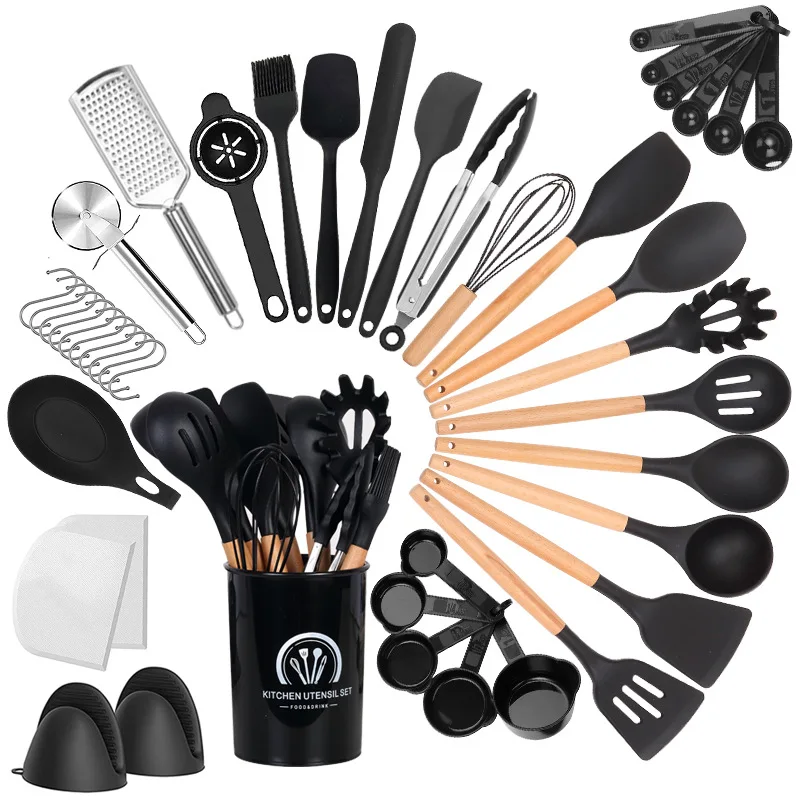  Juego de utensilios de cocina, 34 utensilios de cocina de  silicona con soporte, resistente al calor, antiadherente, sin BPA, mango de  acero inoxidable, cucharas de silicona, espátula, espátula, espátula,  batidor, pinzas