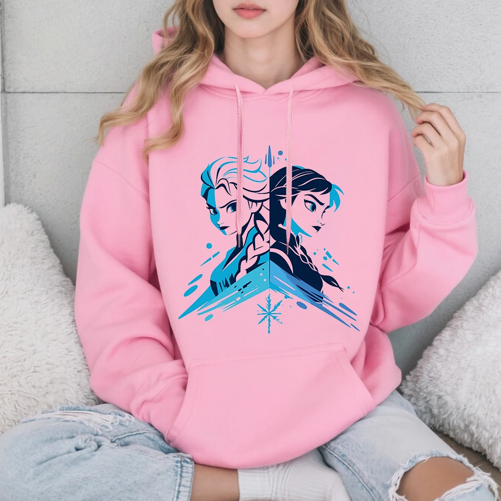 Disney Frozen Elsa Anna Sisters Print Pink Hoodie Women Winter Fleece Lined Warm Pullover Cozy Casual Outerwear For Cold Weather