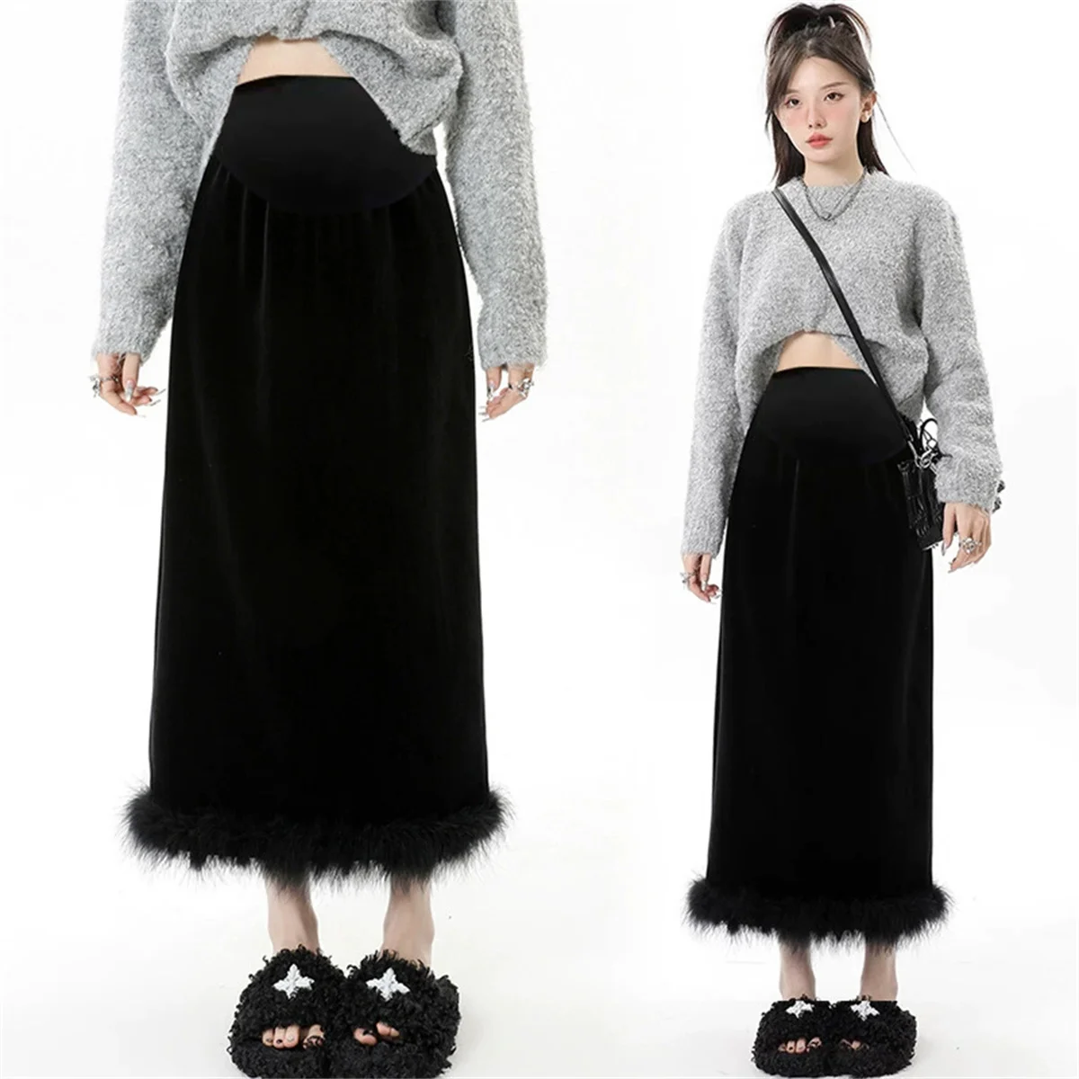 Pregnant women's skirt Black thick velvet skirt autumn and winter plush wrapped hip long straight tube slit