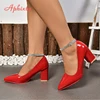 Aphixta 1cm All Crystals Belt Buckle Super Big Size 52 53 Patent Leather 7cm Chunky Heels Official Pumps Pointed Toe Women Shoes