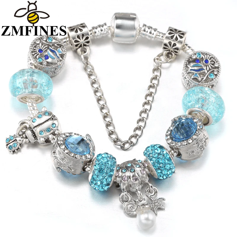 

Shinning Crystal Blue Fish Beads Bracelets With Safety Chain Bracelets For Women Men Fiancee Bijoux Pulseras Jewelry Gift