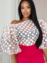 

Polka Dot Women Blouse Gauze Puff Sleeve Transparent See Through Bare Shoulder Sexy Fashion Party Female African Elegant Tops