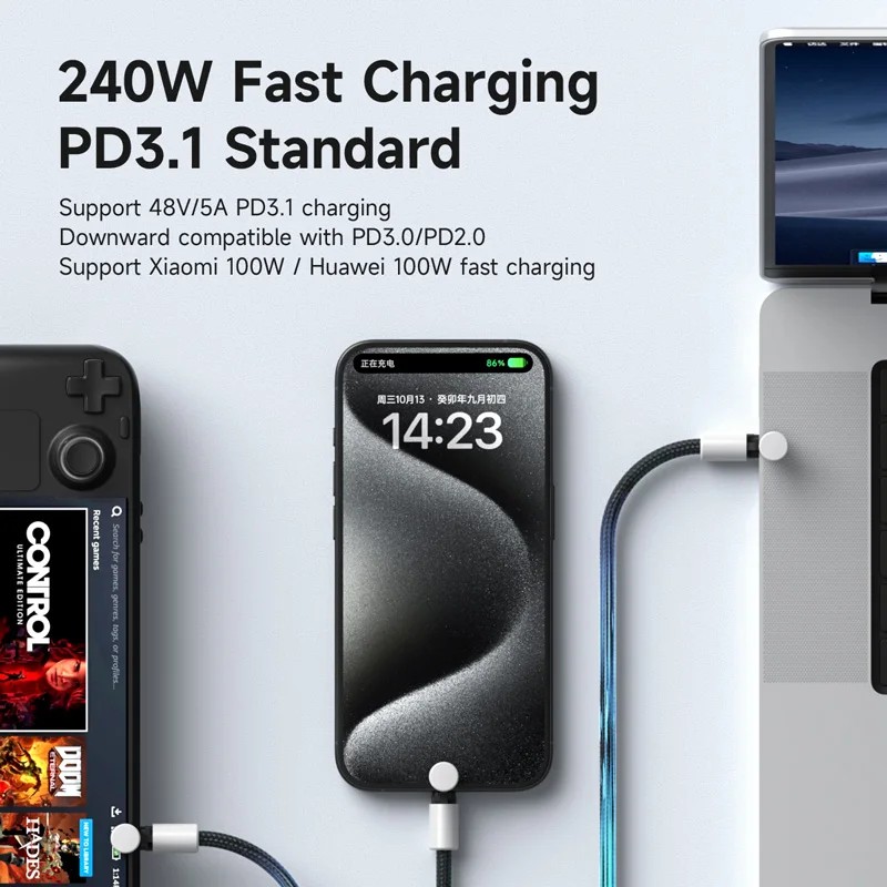 Hagibis USB C to USB C Cable With Protective Cap 240W Type C Cable PD 3.1 Fast Charging Cord for iPhone 16/17 Macbook Pro iPad