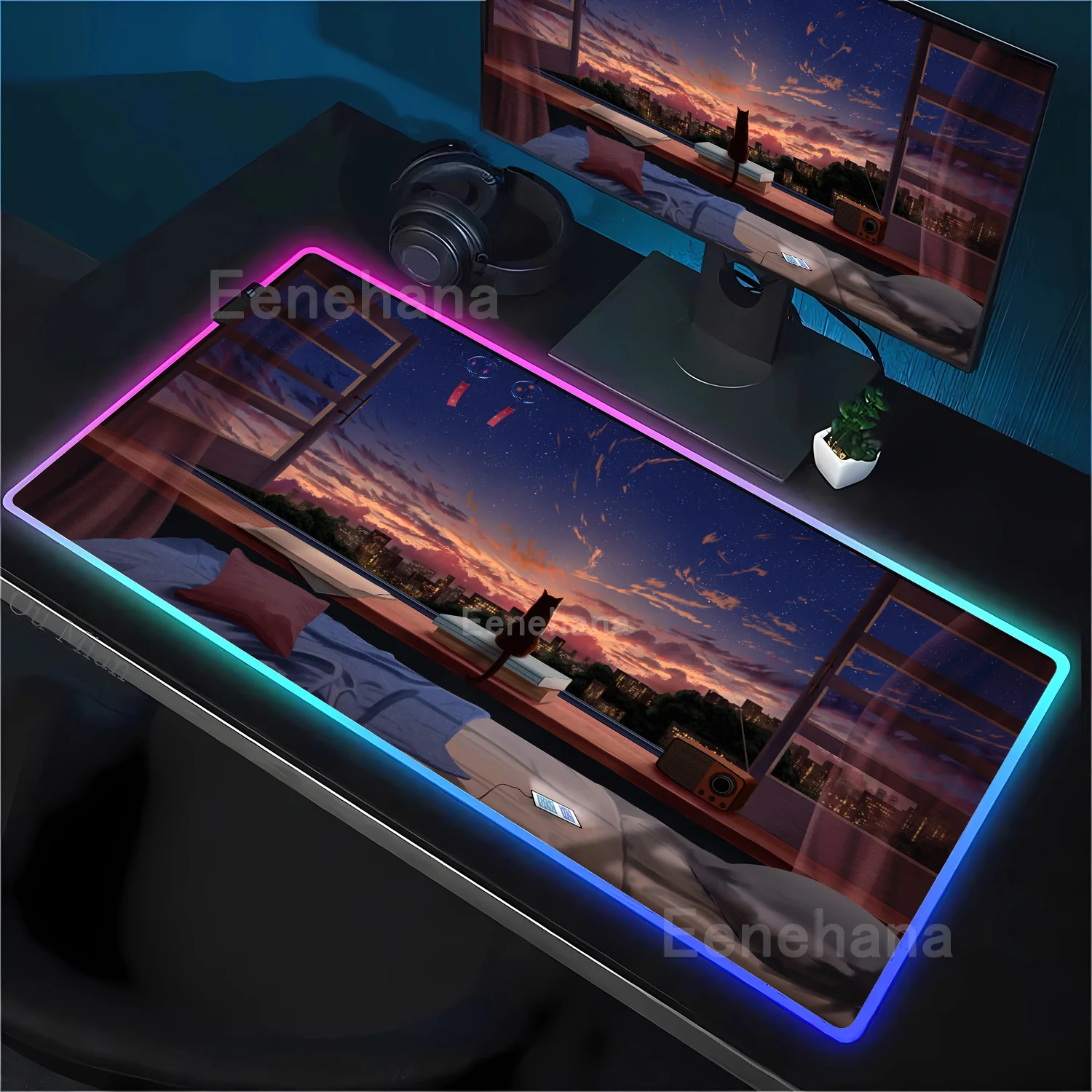 Kawaii RGB LED Backlit Cartoon Cat Gaming Mouse Pad - Anime Desk Mat for Office & Gaming Setup