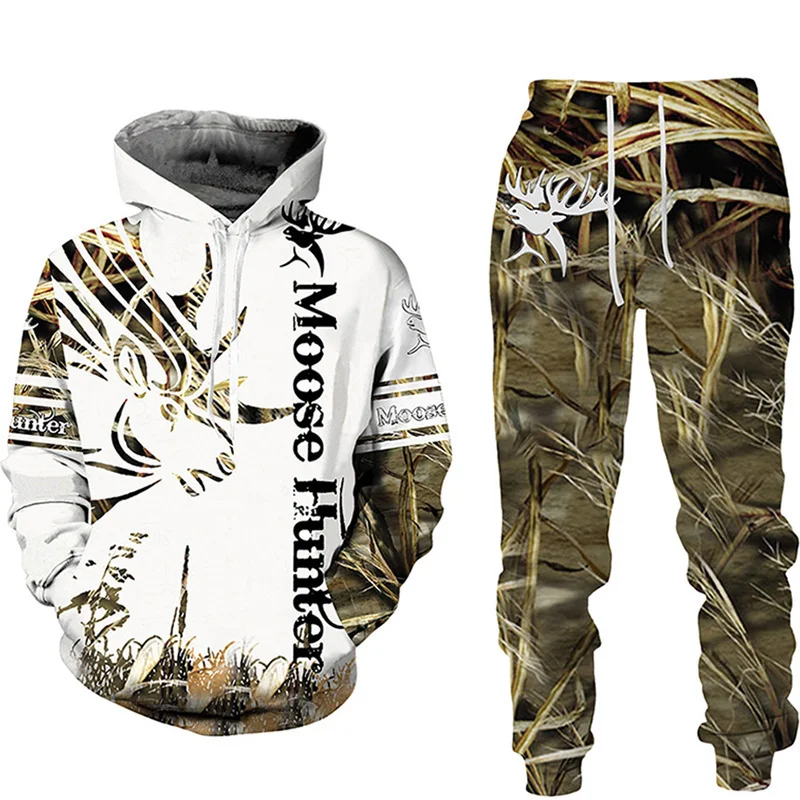 

Новинка 2023, худи с 3D принтом оленя для охоты, повседневный мужской/женский Камуфляжный пуловер, Свитшот и брюки, костюм для пар, спортивный костюм в стиле Харадзюку