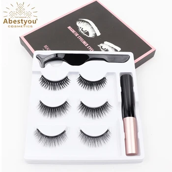 Abestyou 인조 속눈썹, 네이처 3D, 3 쌍, 5 자석, 밍크 속눈썹, 마그네틱 아이라이너 세트, 속눈썹 핀셋