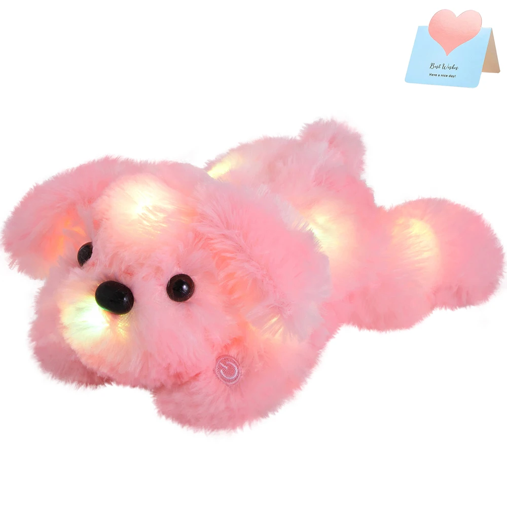 LED Glowing Luminous Pink Dog Plush Toy Cute Soft Stuffed Animals Puppy Dolls Gift for Girls Kids Birthday Small Cushion 25cm
