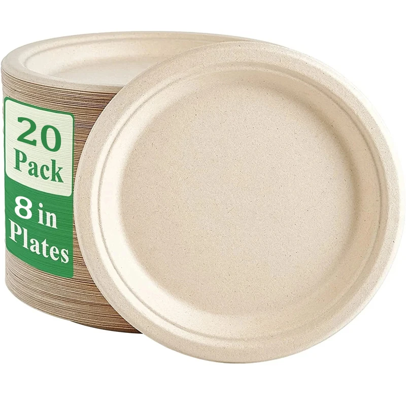 20Pack 8inch Heavy-Duty Disposable Paper Plates Compostable Bagasse Natural Biodegradable Eco-Friendly Sugarcane Plates