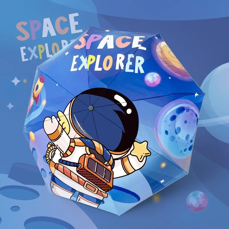 Unisex Manual 8 Ribs Adorable Cartoon Astronaut Pattern Folding Umbrella Casual Lightweight Compact Backpack Umbrella