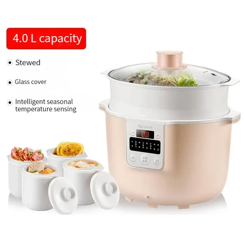 TONZE Electric Saucepot 4L Multi Bone Soup Cooker Programmable Glass lid Slow Cooker With Steamer