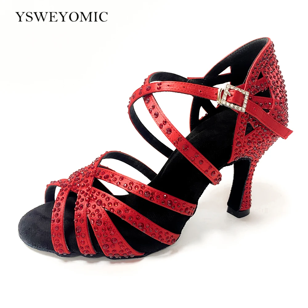 Women Dancing Shoes High Heel 10cm Satin With Crystal Latin Salsa Indoor