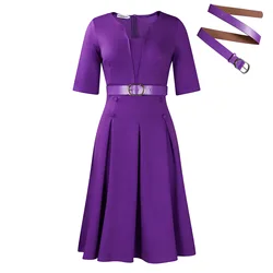 Women's Autumn Fashion Elegant Solid Color Midi Dress - XXXL (Lotus root purple)