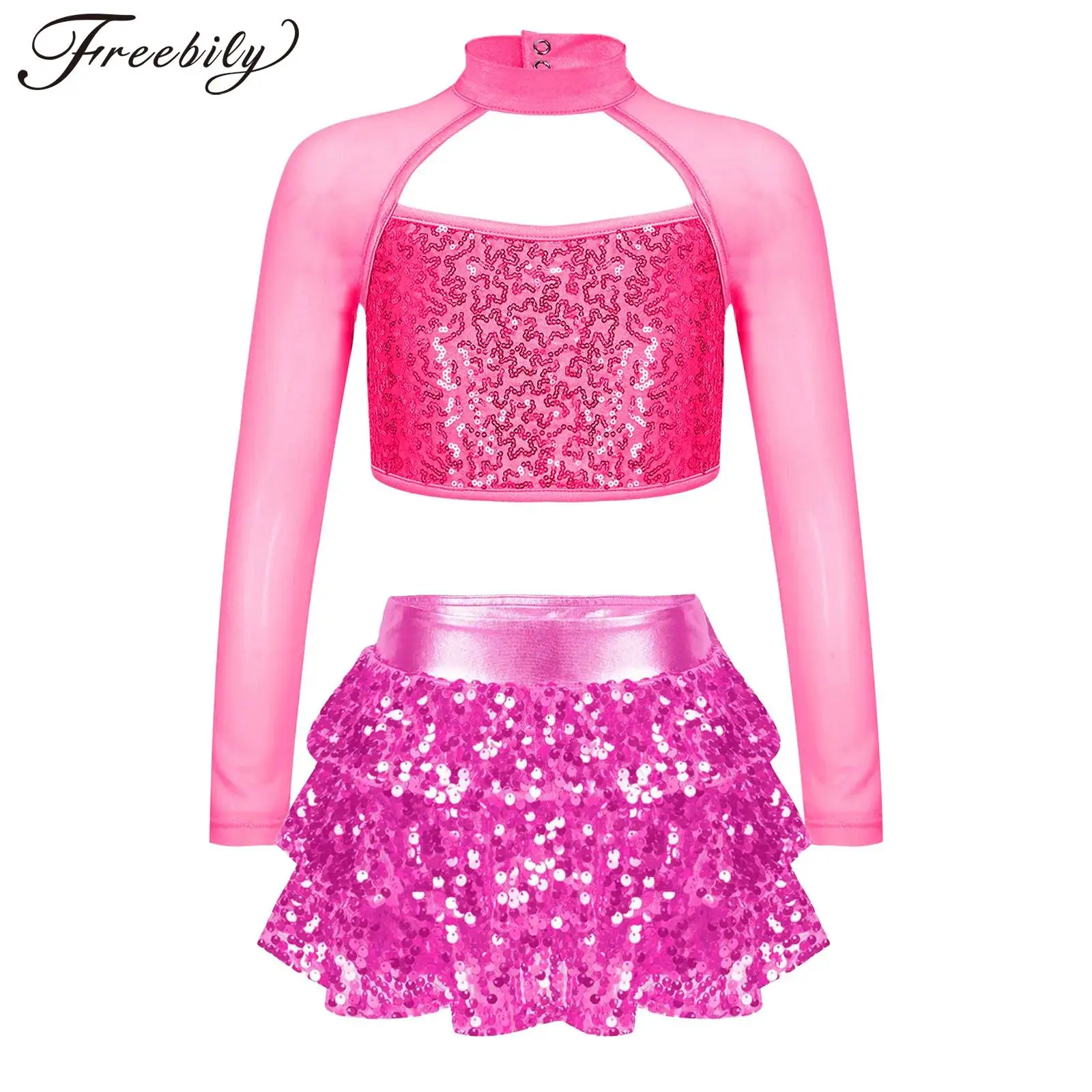 

Girls Shiny Sequin Jazz Dance Outfit Kids Performance Dancewear Sets Long Sleeve Crop Top with Skirts Birthday Party Costume