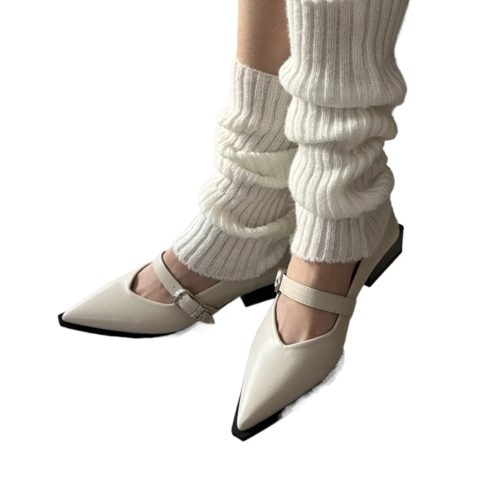 Pointed Toe Women Loafers Black Brown White Casual Mules Shoes Belt Buckle Shallow Slip on Low Flat Heeled Party Pumps Size 40 5