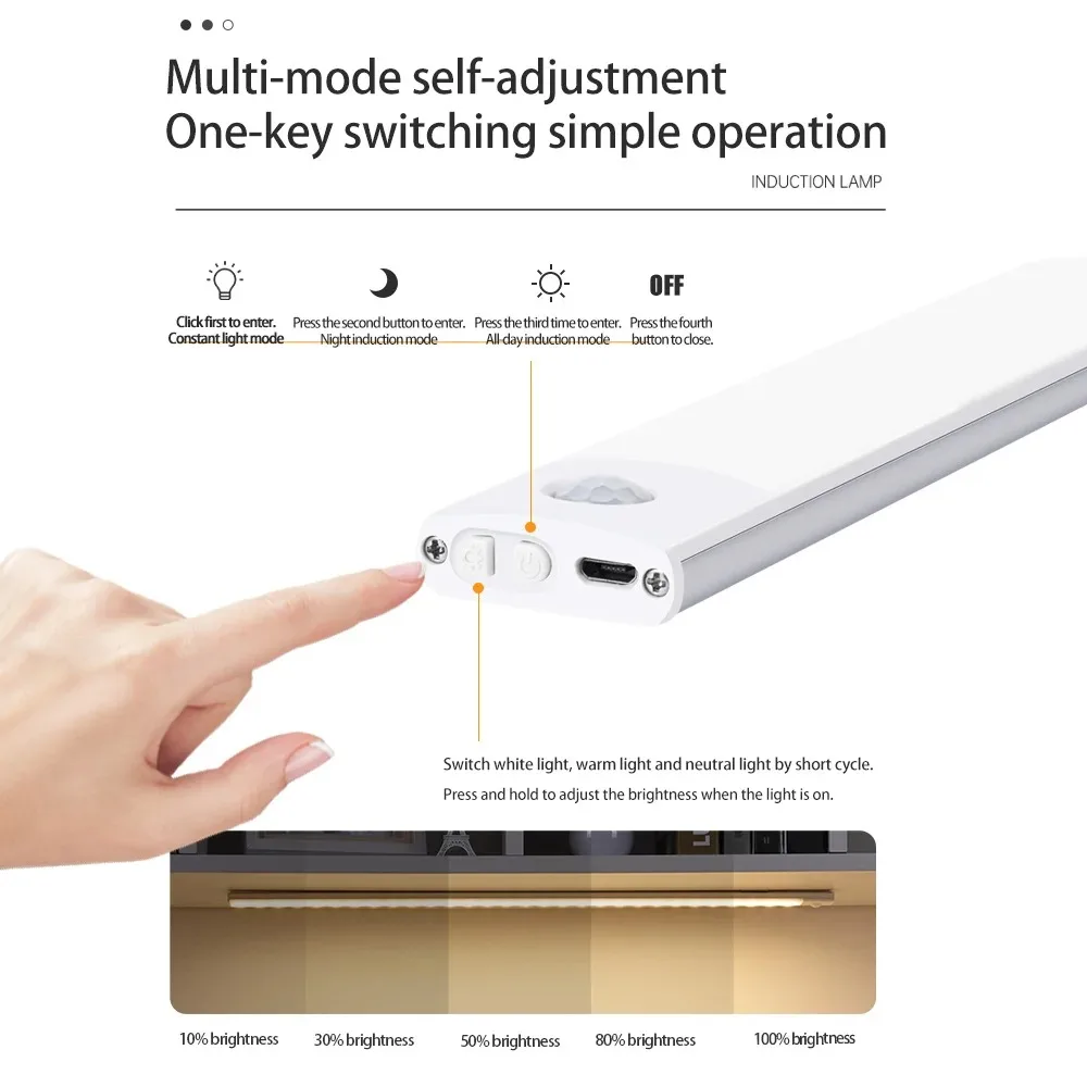 Description Picture 4 of item3 Colors in One Lamp Motion Sensor Light Wireless LED Night Light USB Rechargeable Aluminium Night Lamp Cabinet Wardrobe Lamp
