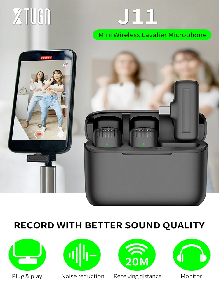 XTUGA J11 Professional Wireless Collar Video Audio Microphone Plug and Play Available Distance Of 20 Meters For iOS/Type-C