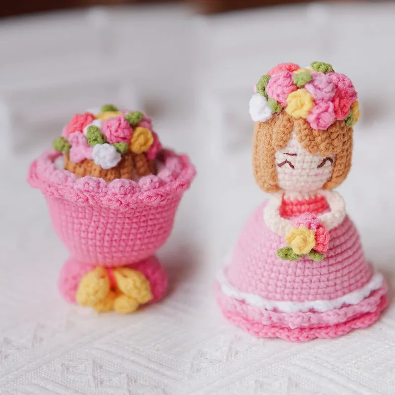 (미완성) DIY 양면 크로셰 꽃다발 꽃인형, 수제 신부 크로스드레싱 웨딩드레스 인형