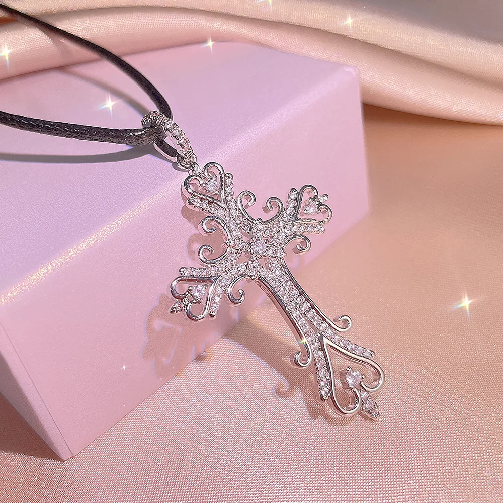 925 Silver Palace Wind Cross Necklace Card Christian Religious Zircon Jewelry Tourist Souvenirs Gift Vintage pendant necklace,silver necklace,silver pendant,silver necklace charms