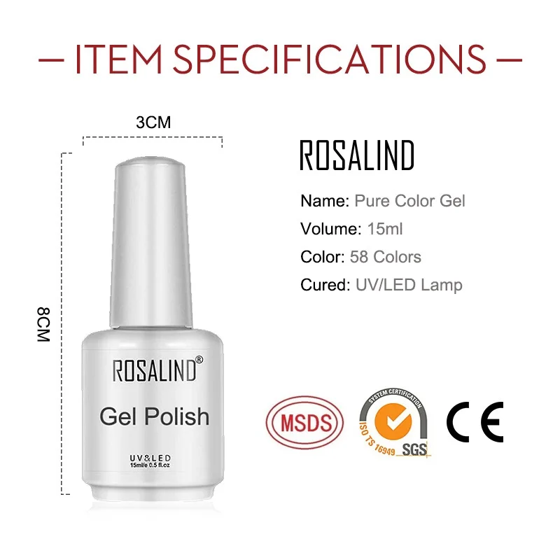 ROSALIND 15ml Glass Bottle Gel Nail Polish Pure Colors Long Lasting Hybrid Esmalte Semi Permanent LED/UV Lamp Base Top Coat