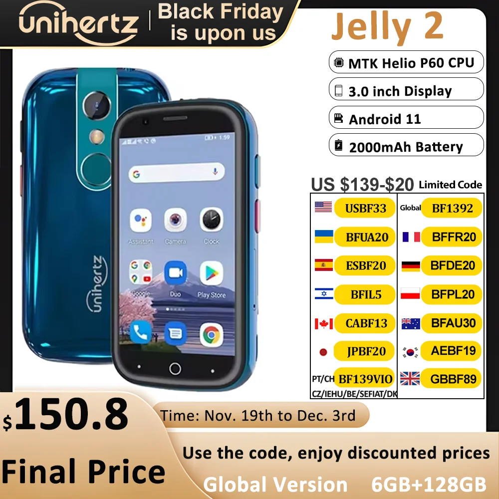 Unihertz Jelly 2 4 inch Mini Smartphone Android 11 Helio P60 Octa Core Unlocked 6GB 128GB NFC Cellphone 16MP Infrared Phone