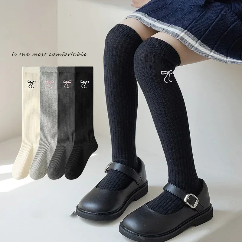Baby Children Korean Knee High Long Socks for Girls Sweet White Bow Jacauard Cotton Legging Stocking School Sock for Kids Tights