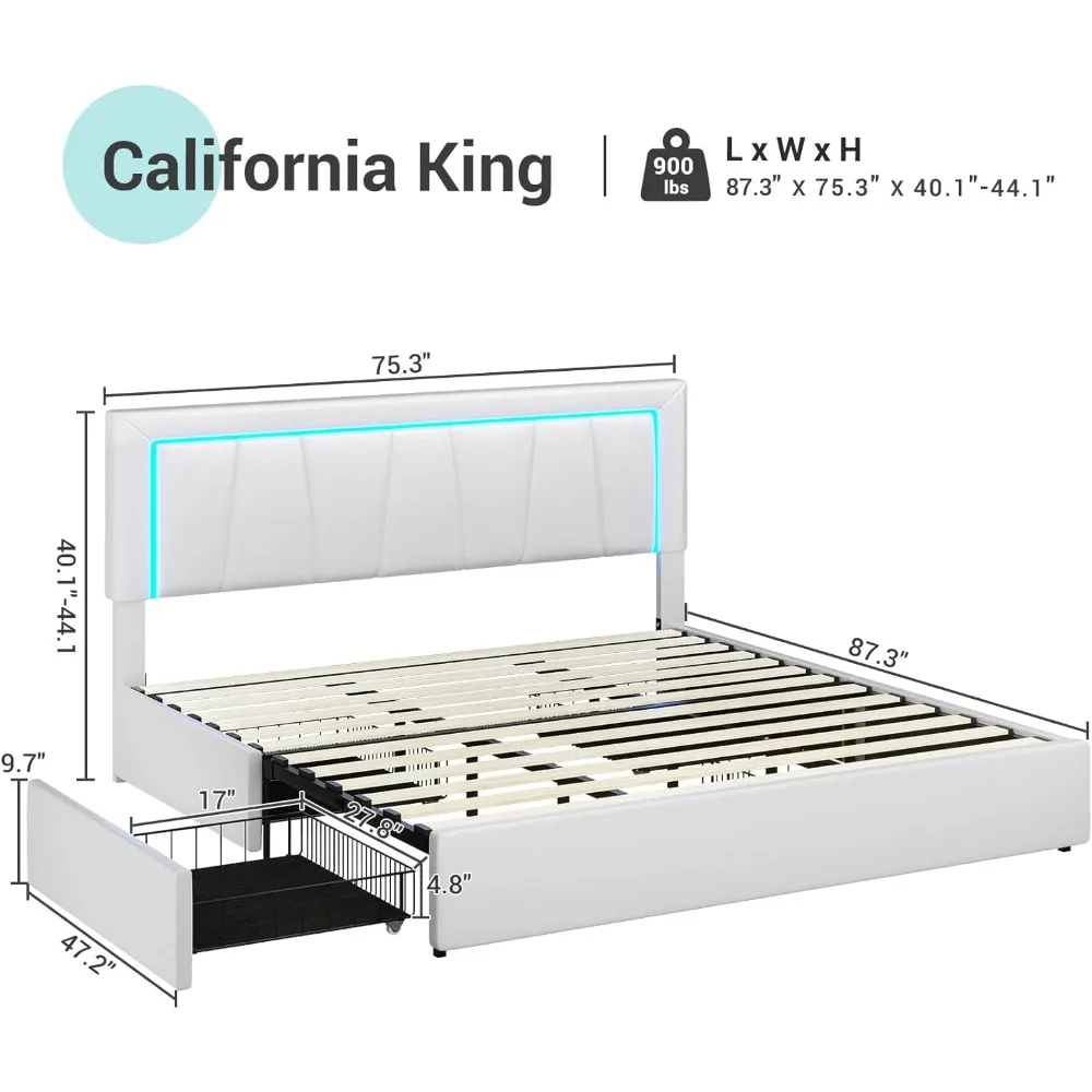 California King Bed Frame with 4 Storage Drawers,White Artificial Leather Upholstered Headboard, No Spring Needed, Noise Free 6