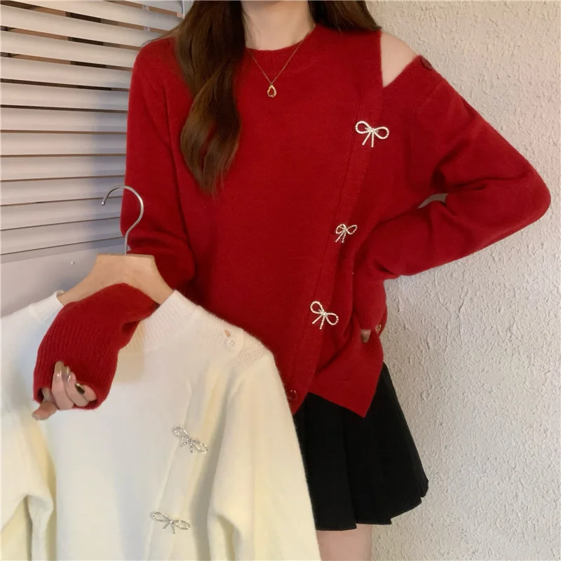

2022 New Arrival Autumn Winter Women Long Sleeve Loose O-neck Bow Design Pullover Split Casual Hollow Out Sweaters V442