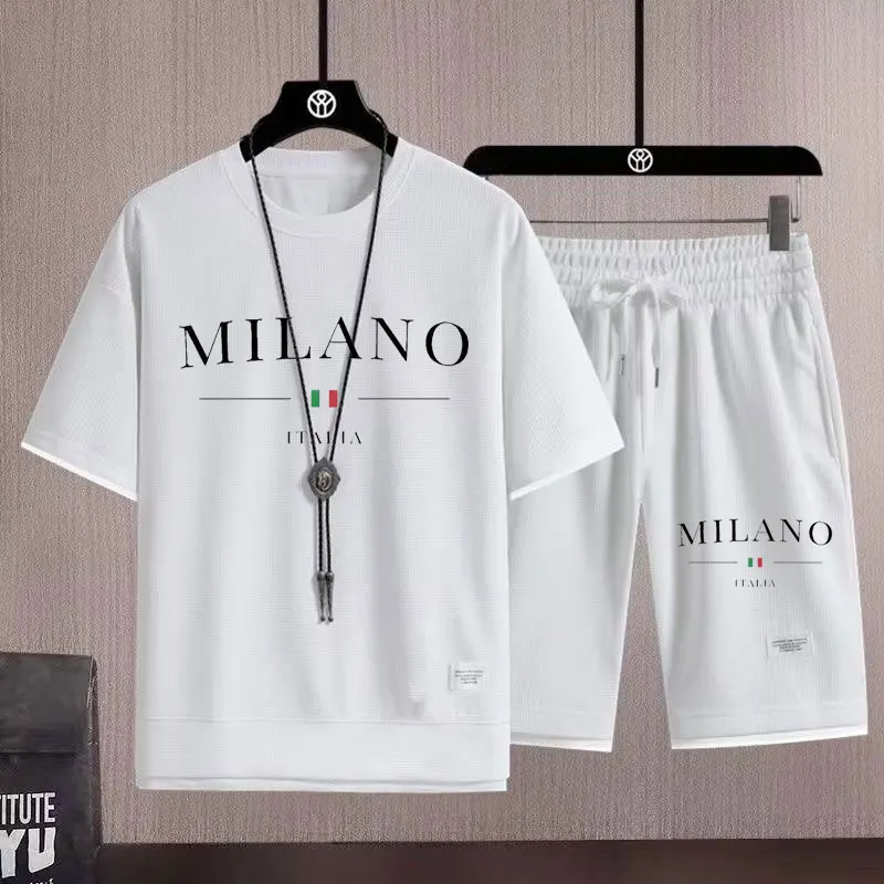 

Summer Running Training Fitness Set Men's Fashion Printed T-shirt Shorts Casual Elastic Mesh Breathable Two-piece Set S-4XL