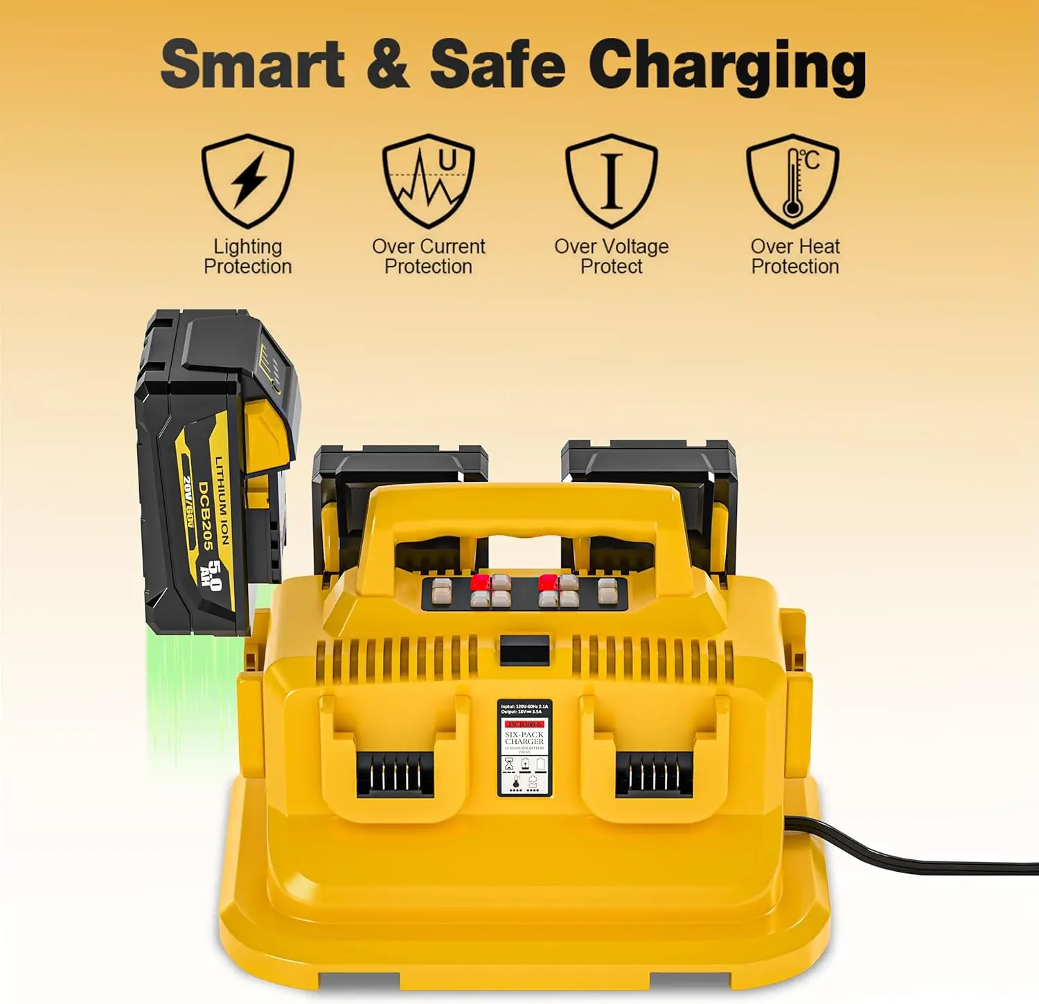 Battery Charger 6-Ports for Dewalt 20V/60V Compatible with DCB200 DCB203 DCB204