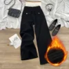 Thickened Fleece High Waist Wide Leg Retro Denim Jeans Women's Winter New Style Loose Fashion Versatile Slimming Pants
