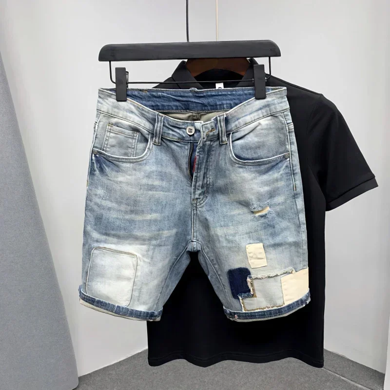 Male Denim Shorts with Pockets Blue Men's Short Jeans Pants Ripped Spliced New Harajuku Fashion Cowboy Thin ZL456
