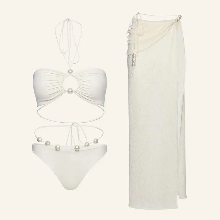 2024 trend Woman sexy Bikini set Halterneck Pearl High Waist  Swimsuit  two-piece Swimwear Women luxury Beachwear Bathing Suit