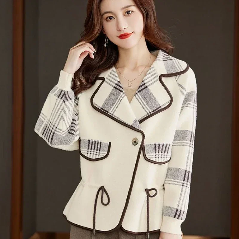 Colorblock Plaid Crop Clothes Coats for Women Loose Wool Blend