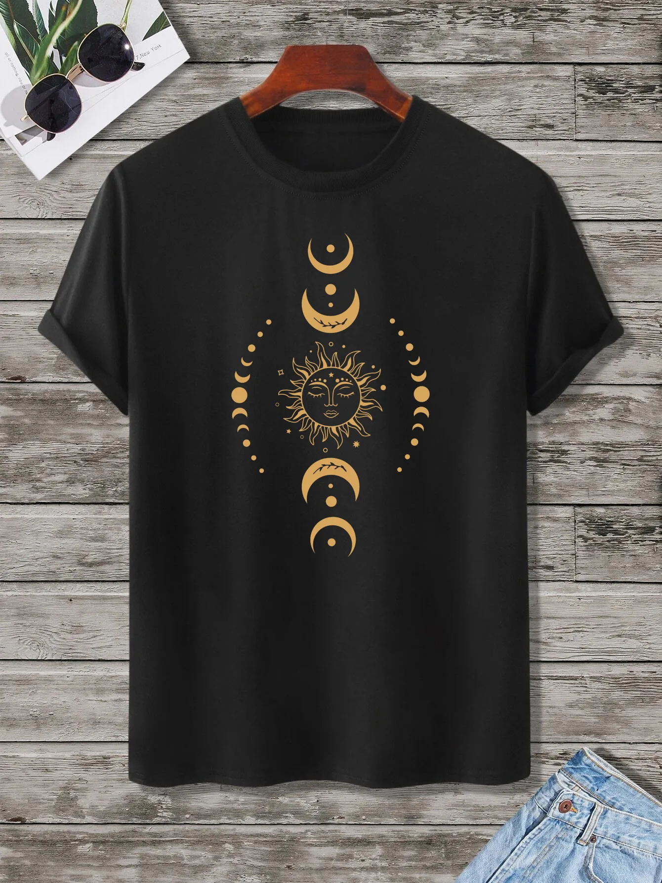 T-shirt imprimé soleil et lune pour décontracté, col rond, manches courtes, mode été, hauts, tenues pour hommes_voghion.com