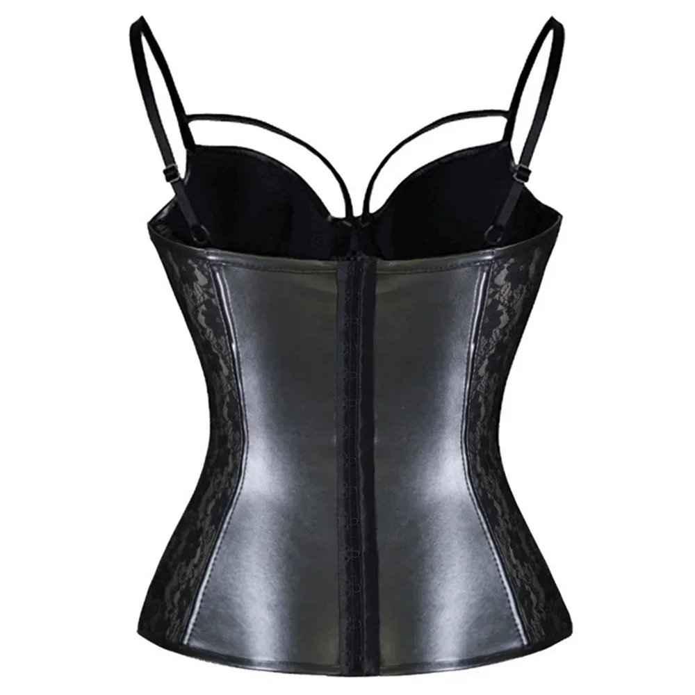Burlesque Corset for Women Shoulder Strap PVC Corset Sexy Overbust Corset Lingerie Top With 3/4 Padded Cup Black Lace Corset