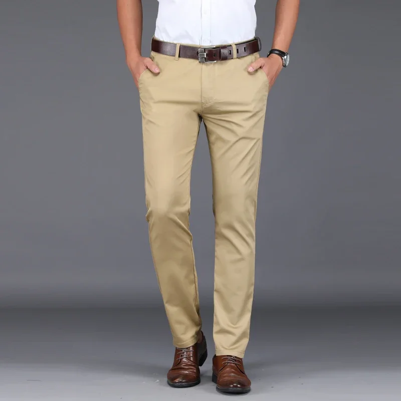 Summer Ultra-thin Mens Ice Silk Casual Pants Soft Comfortable Solid Color Elastic Business Straight Trousers Man Navy Blue Pants