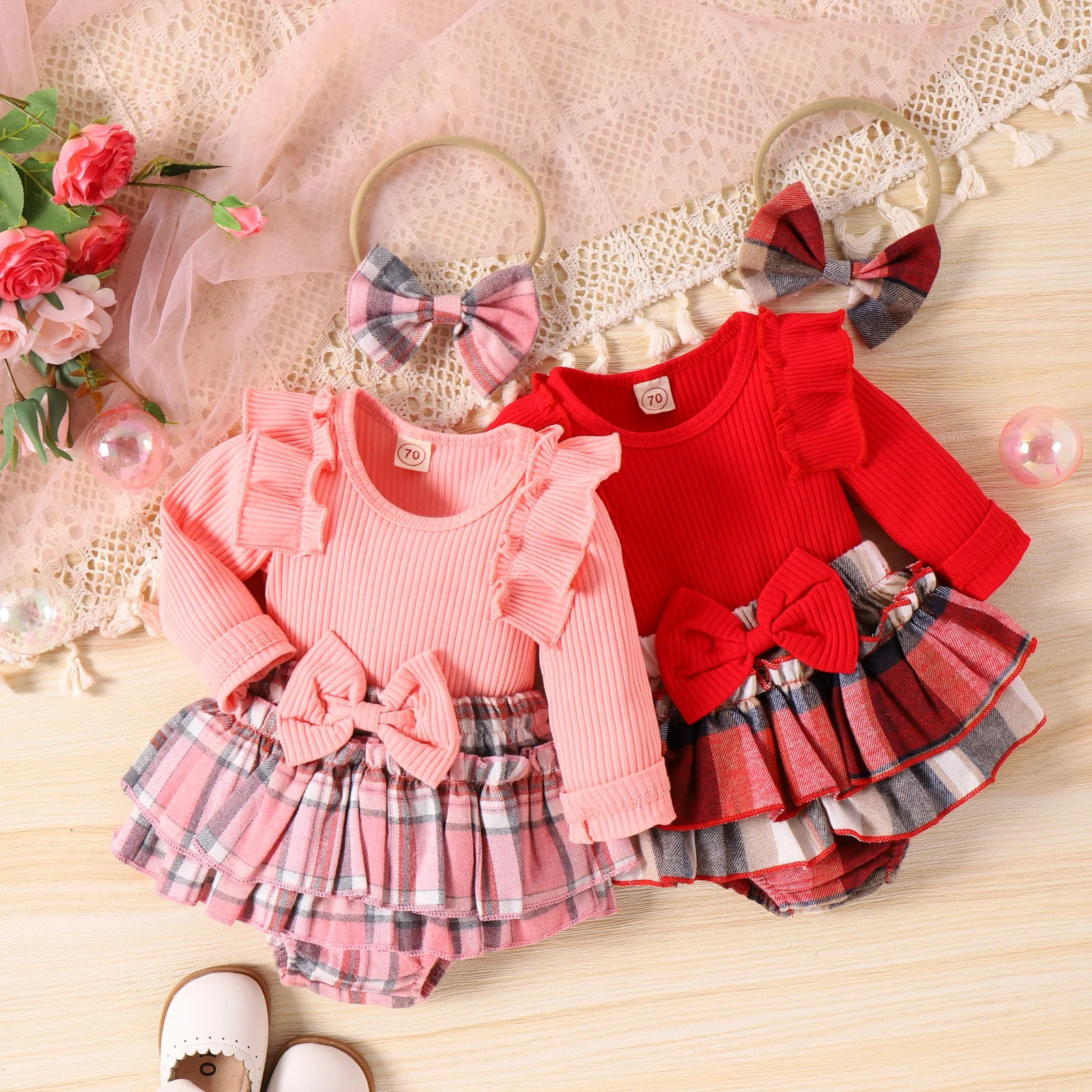 

Infant Newborn Baby Girls Shorts Set, Long Sleeve Crew Neck Romper Plaid Shorts Bow Headband Fall Outfit Clothing Set