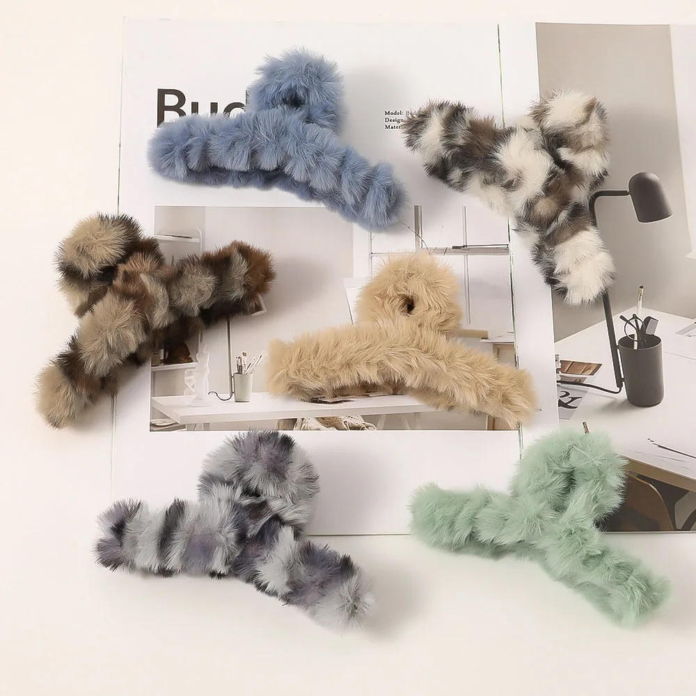 Autumn And Winter Plush Hair Grab Clip Imitation Rabbit Hair Cross Hair Clip Leopard Hair Ornaments Shark Clip Hair Accessories autumn and winter new cross waist jeans yoga bell bottoms women s high elastic hip lifting double pocket exercise pants