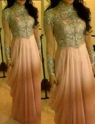 Arabic Muslim Pink High Neck Chiffon A-Line Stunning Sequins Long Sleeve Beading Evening Gown 2018 mother of the bride dresses