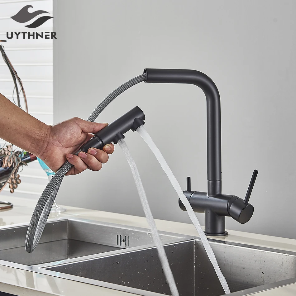 Uythner Waterfilter Küche Wasserhahn Dual Griffe Deck Montiert Pull Out  Mixer Tap 360 Grad Rotation Wasser Reinigung Kran - AliExpress