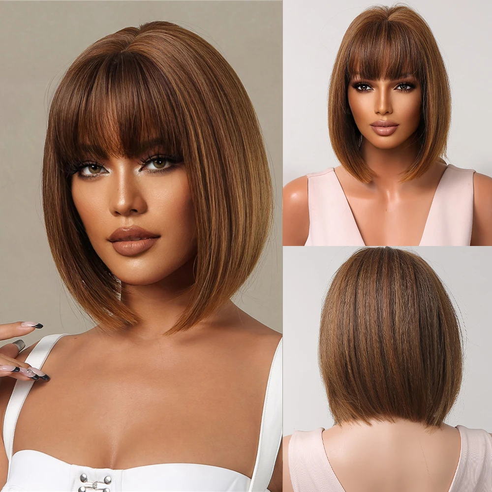 

Brown Bob Synthetic Wigs Short Straight Women Wig With Full Bangs for Black Women Daily Party Cosplay Natural Wig Heat Resistant