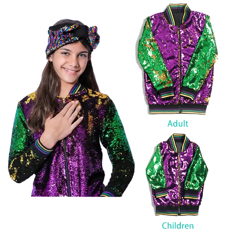 

Mardi Gras Reversible Sequin Jacket Kids Girls Adult Long Sleeve Spring Coat Casual Purple Green Carnival Zip Up Costume 12M-3XL