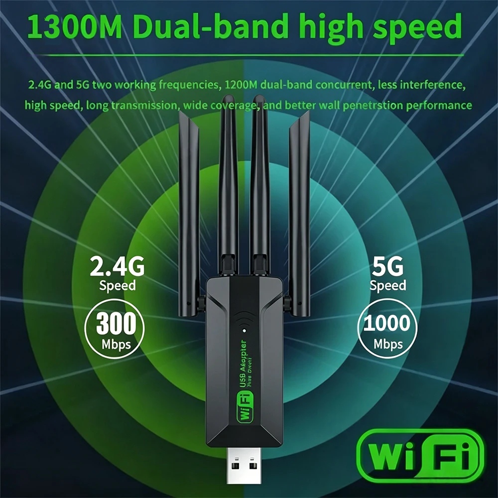 KEBIDUMEI 1300Mbps WiFi USB 어댑터 듀얼 밴드 2.4G/5Ghz WiFi 동글 USB3.0 4 안테나 무선 수신기 드라이버 무료 WIN 10 11 1300Mbps WiFi USB Adap