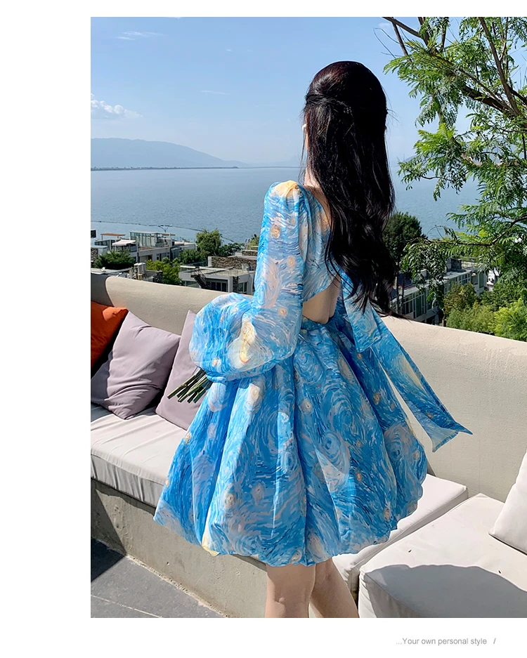Elegant Printed Short Dresses for Women Backless Holiday Beach Style Lantern Sleeves A-line Floral Mini One Piece Vestido Mujer