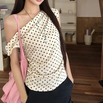 Retro Beige Black Polka Dot Slim-Fit Short-Sleeved Sexy Skew Collar Off-Shoulder T-Shirt Summer Korean Style Fashion Casual Top 1