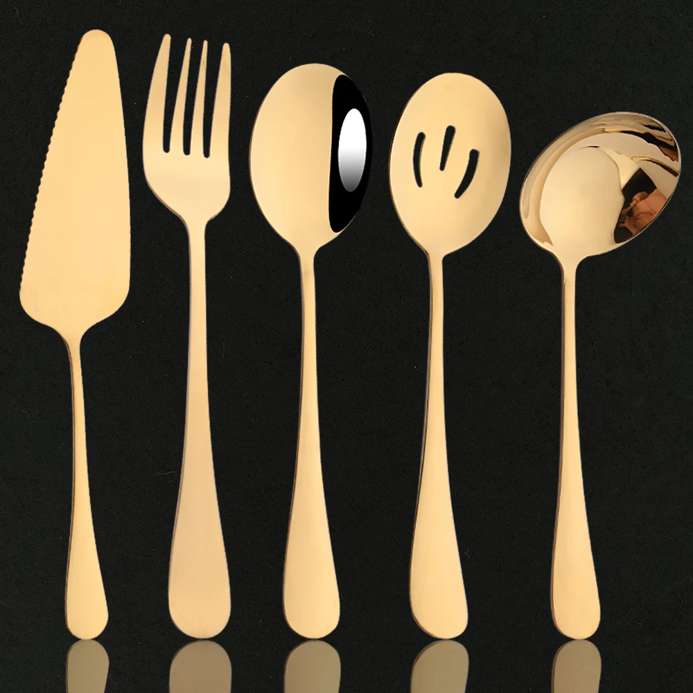 5PcsGoldSoupSpoonColanderSpoonServiceSpoonForkCakeSpatula
