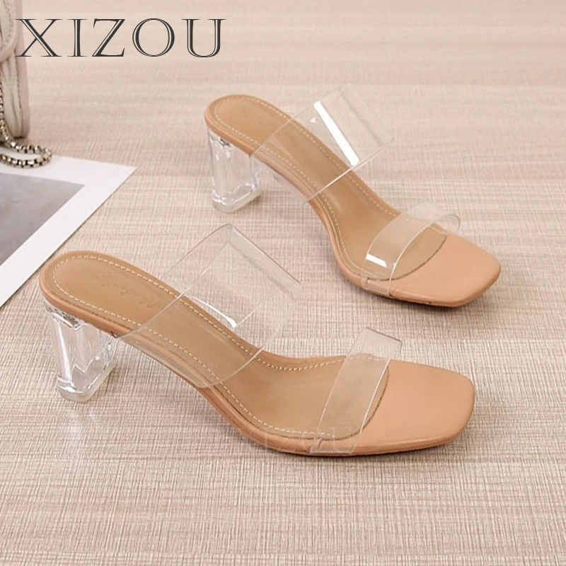 

2024 New High-eeled Thick With Transparent Sandals Female Fashion Outside Wear Crystal With Hundred With A Word Strap Slippers